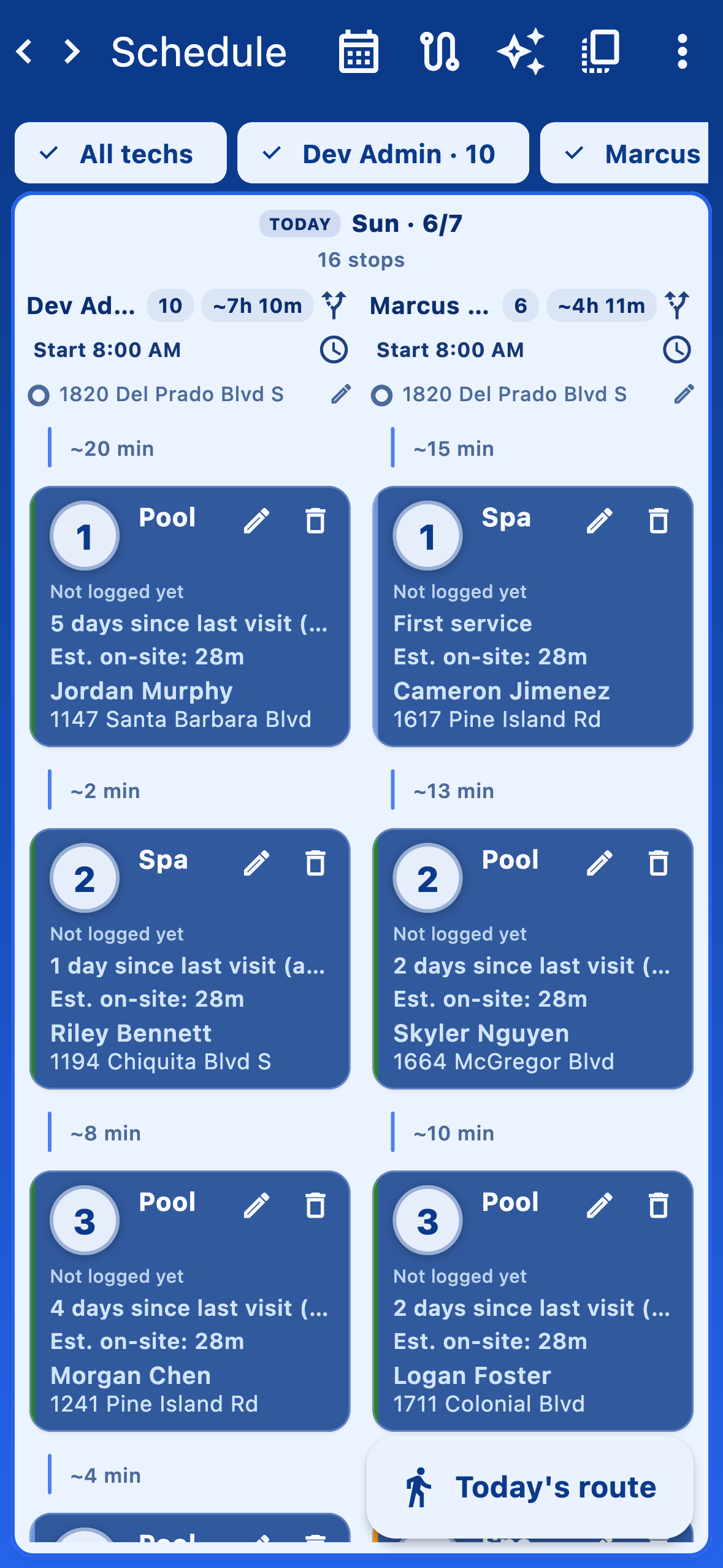 Screenshot of the Schedule planner with per-technician lanes, stops, and travel times.