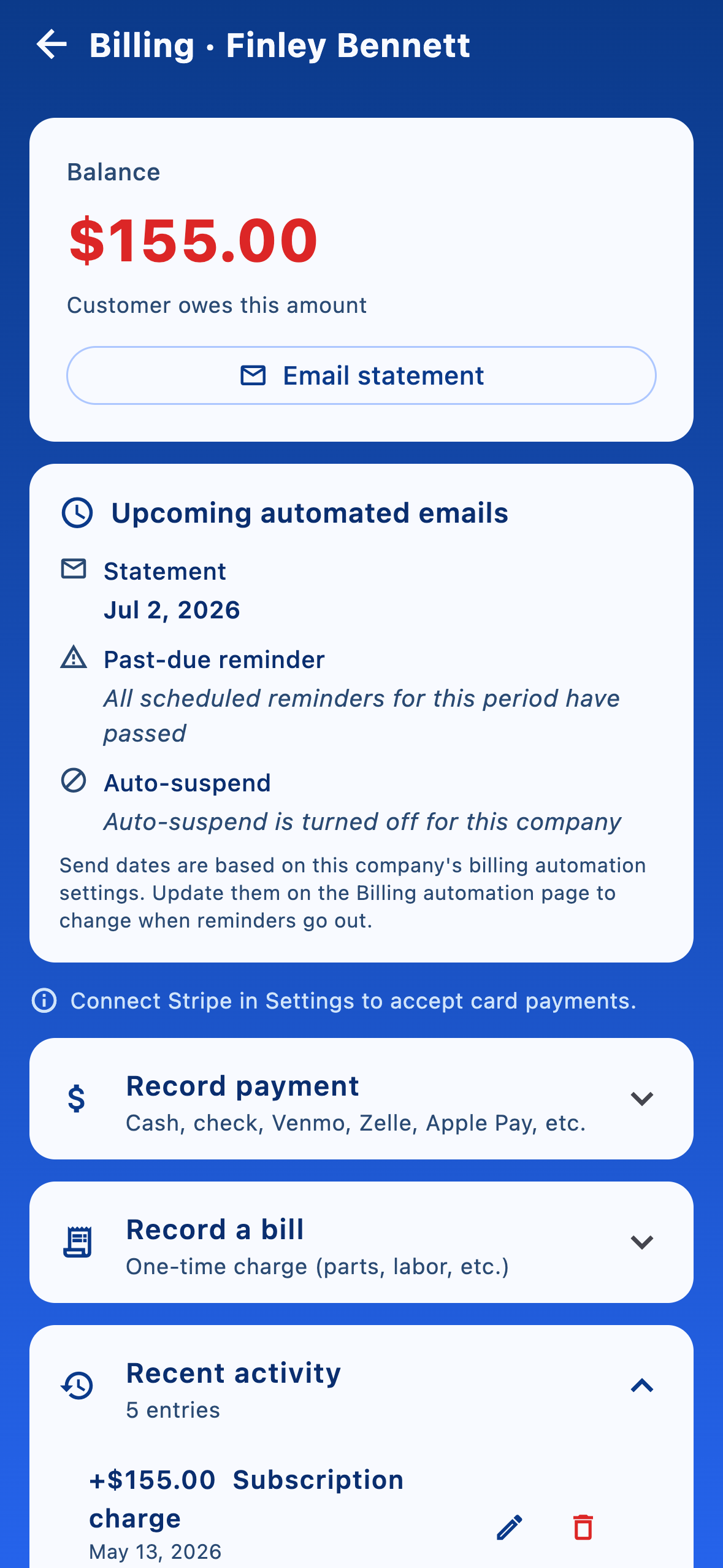 Screenshot of a customer billing screen with balance, automated statement schedule, and recent activity.