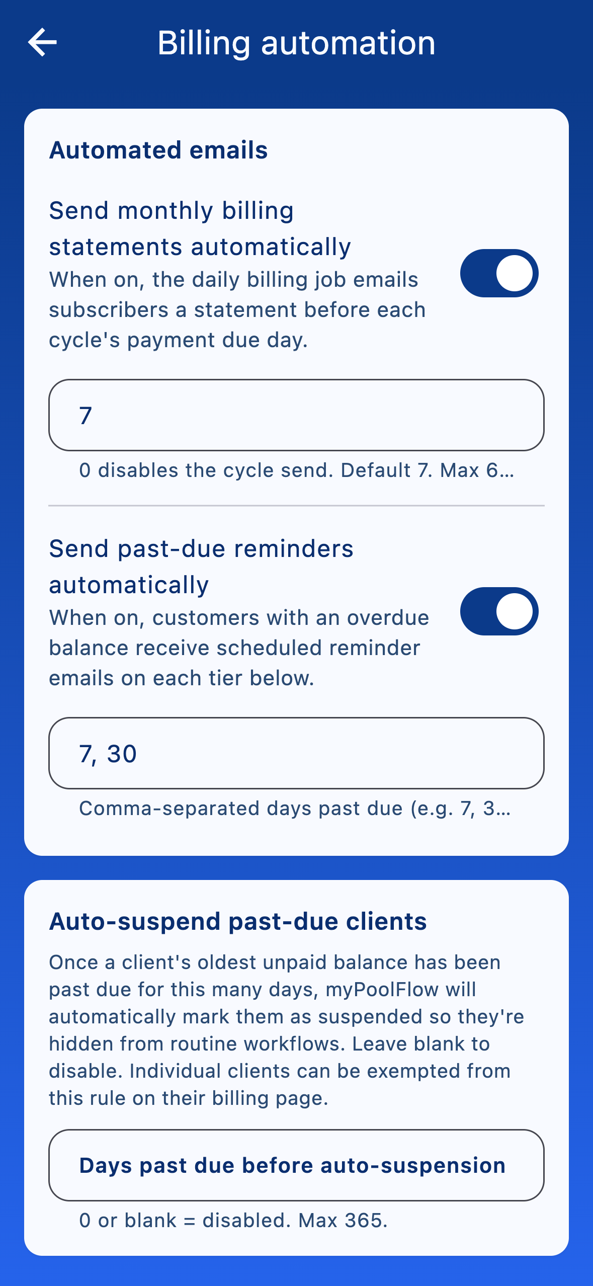 Billing automation settings with toggles for statements, reminders, and auto-suspend.