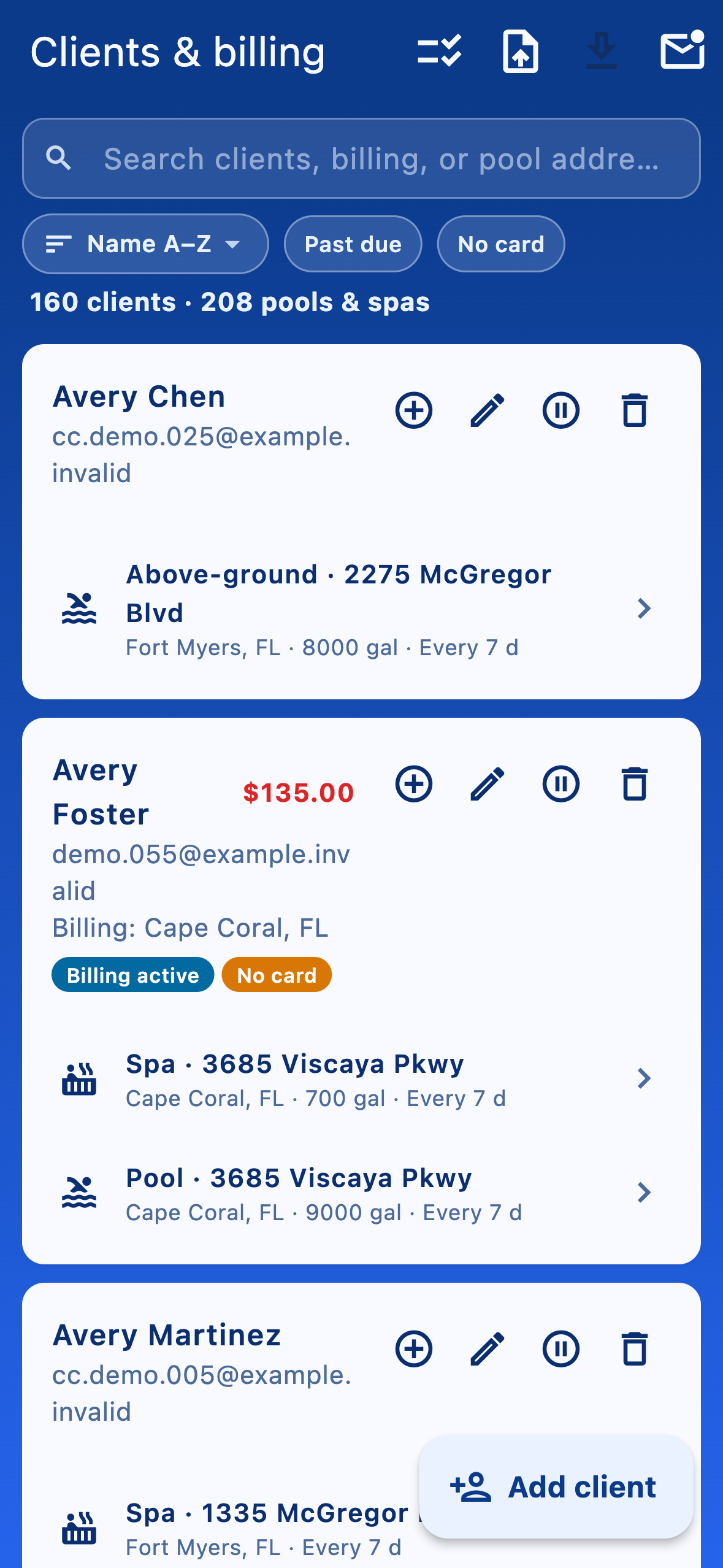 Clients & billing list showing customers with billing-status pills and their pools nested underneath.