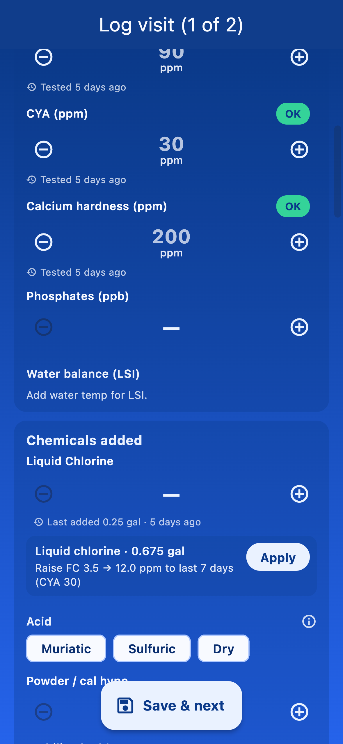 Screenshot of the Log visit screen showing LSI water balance and a recommended liquid-chlorine dose with an Apply button.