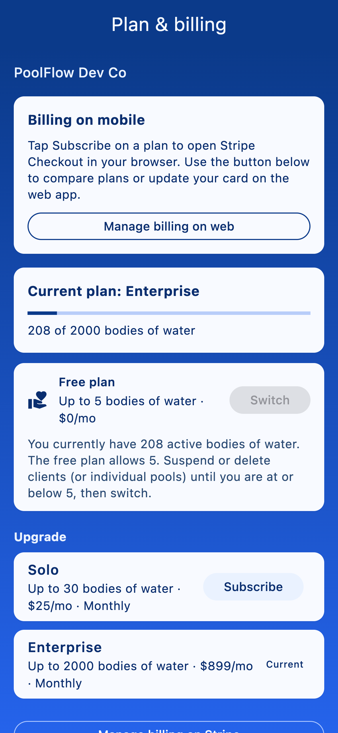 Plan and billing screen showing the current subscription tier and client usage.