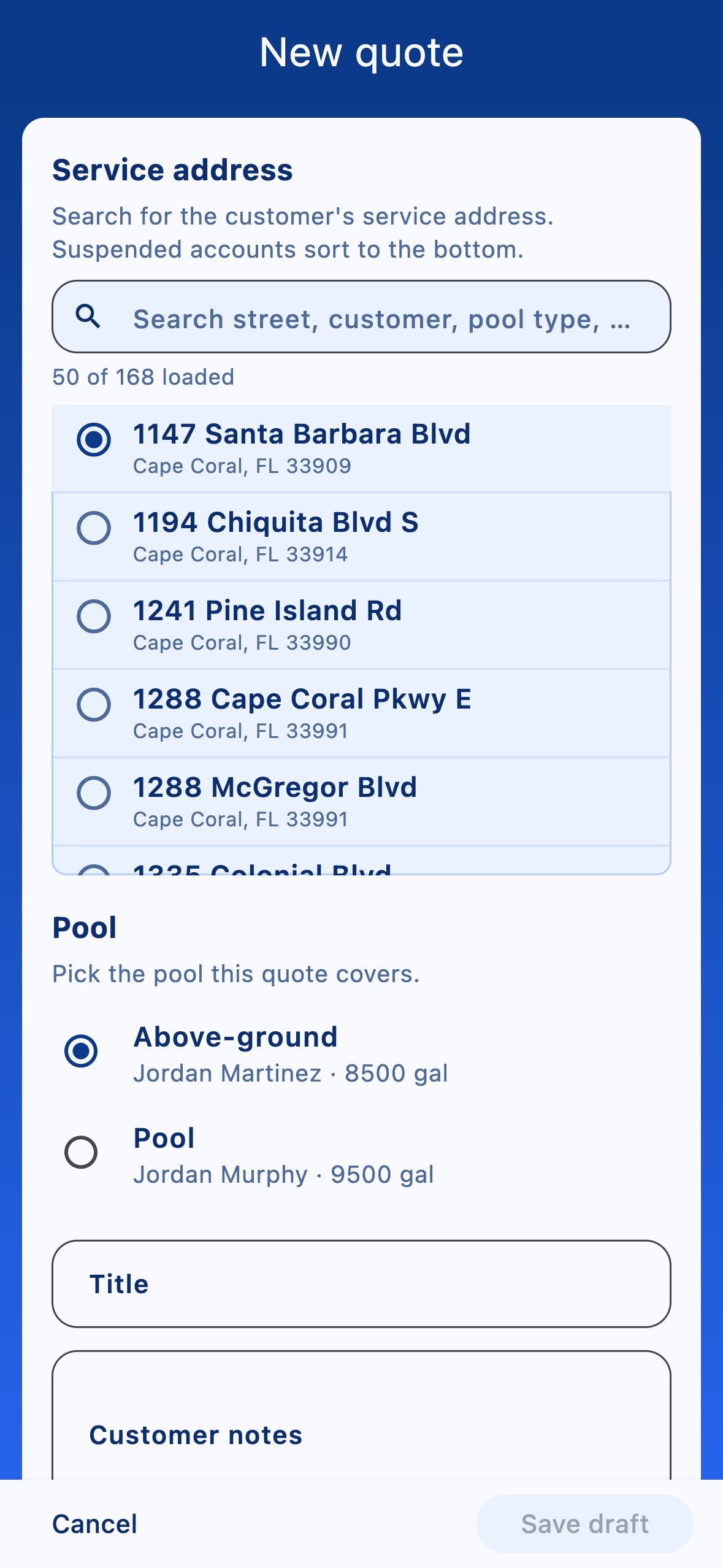 New quote screen with service address search, line items, and Save draft.