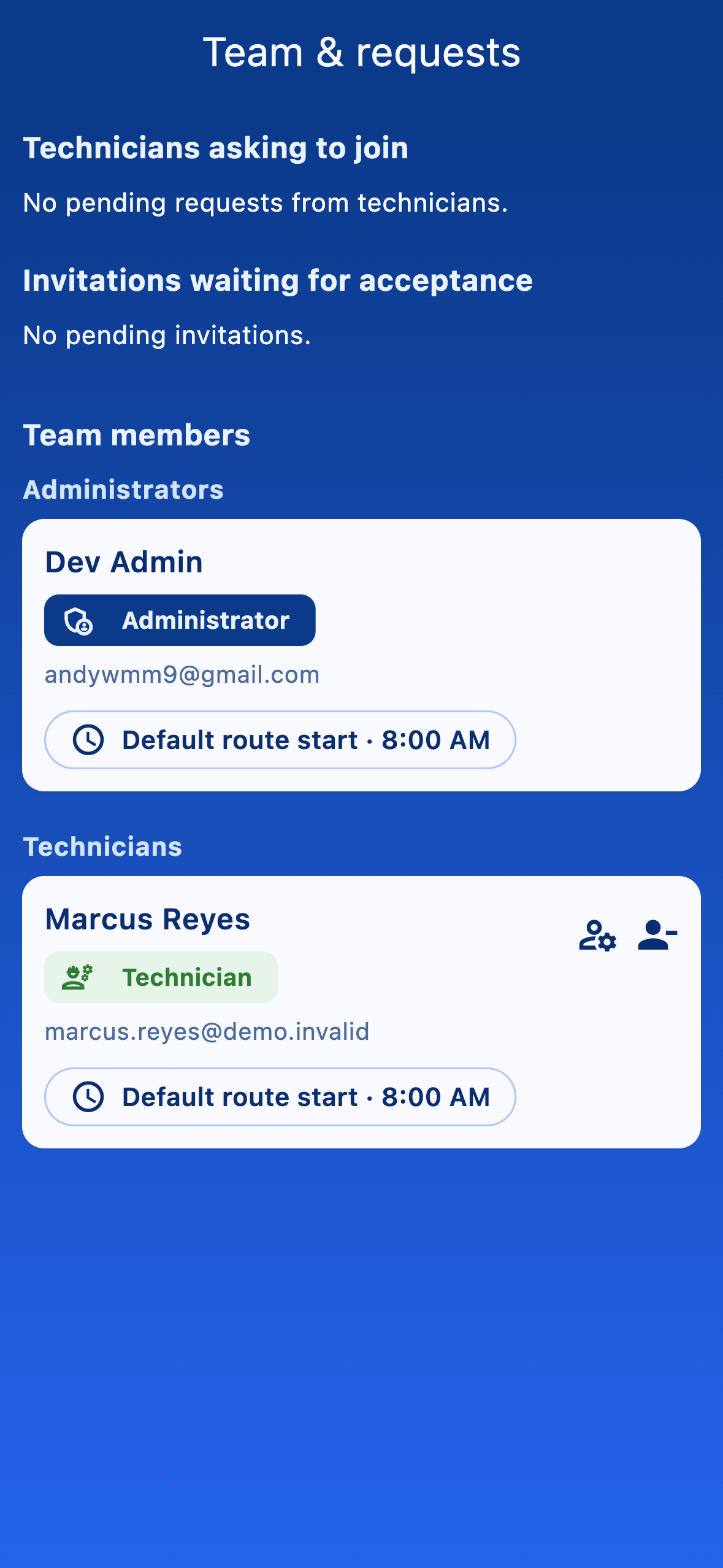 Team & requests page listing administrators and technicians with their roles and default route start times.