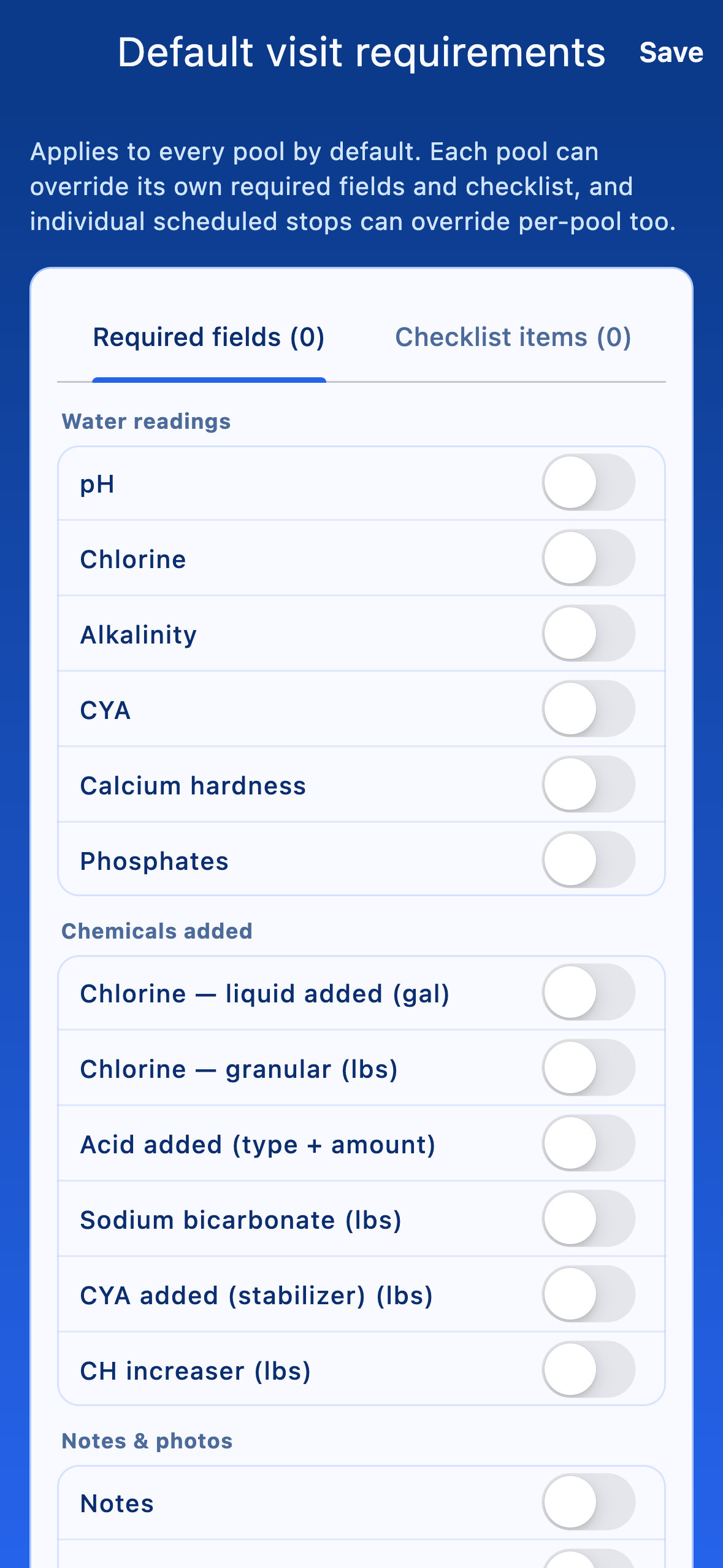 Default visit requirements screen with chemistry toggles and checklist items.
