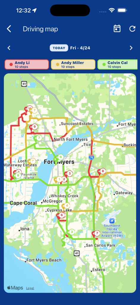 Team route map showing each technician's stops connected by a colored driving path across the service area.