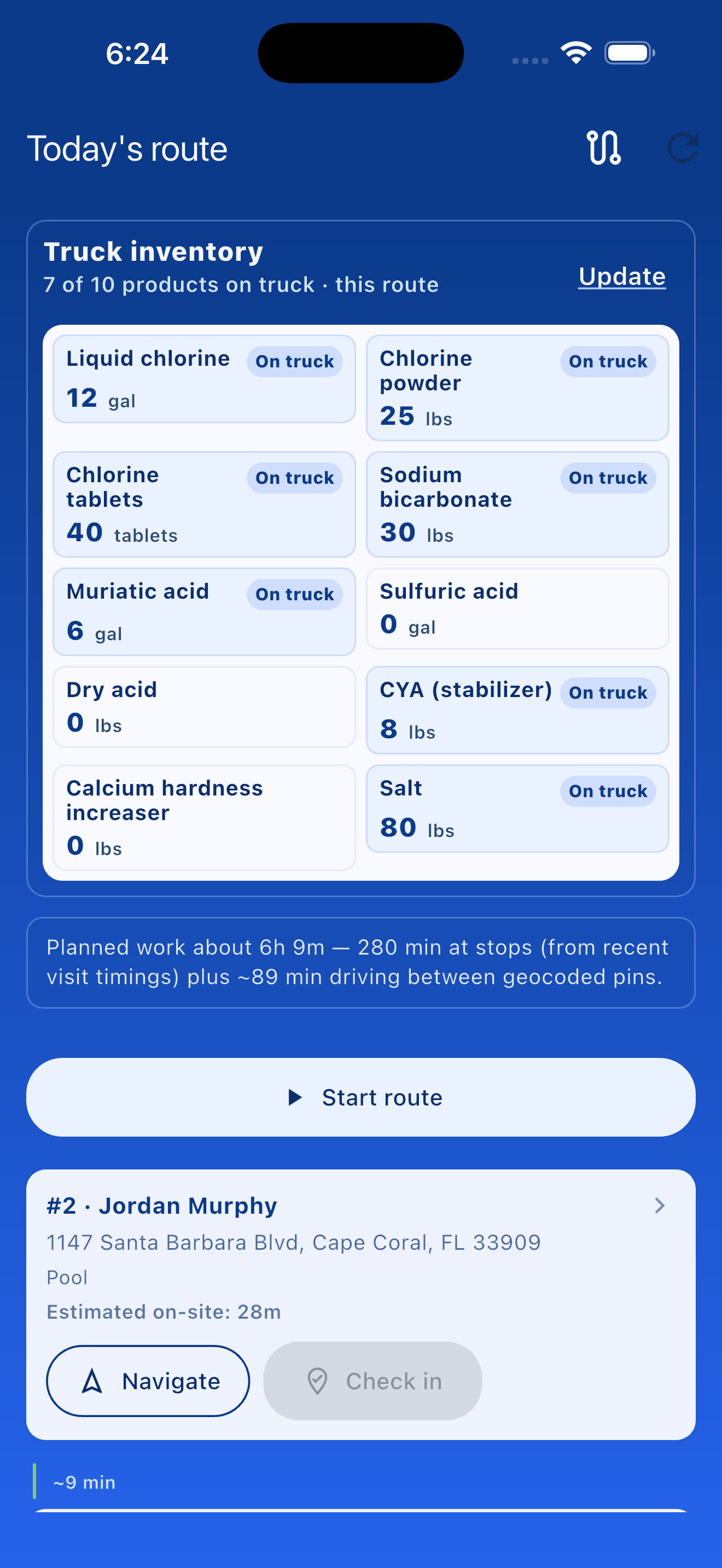 Screenshot of Today's route with ordered stops, Navigate, Check in, and Start route.
