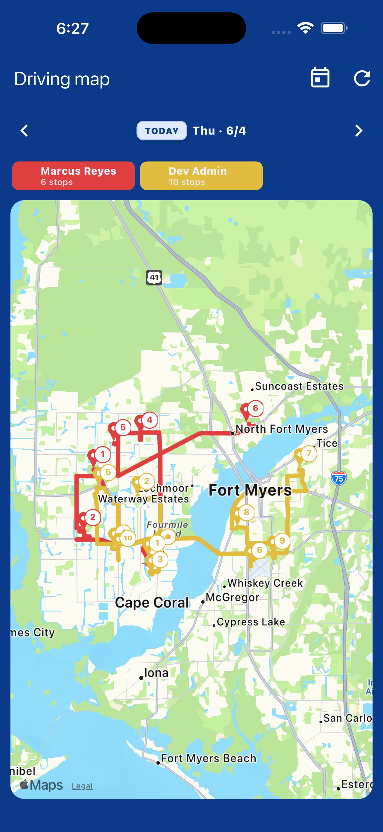 Screenshot of Driving map with per-technician colors, stop counts, and road-following routes for the day.